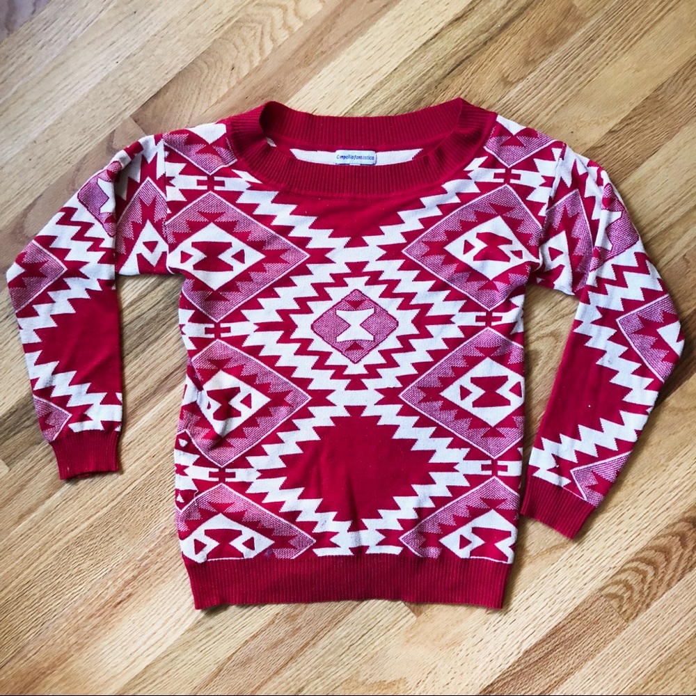 Modcloth Tribal Print Red Sweater